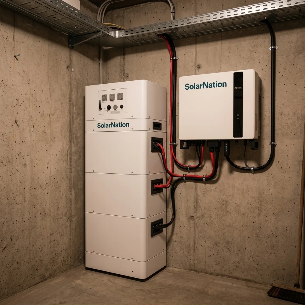 SolarNation 10.66 kWh thuisbatterij met driefasig hybride omvormer professioneel geïnstalleerd in Belgische technische ruimte