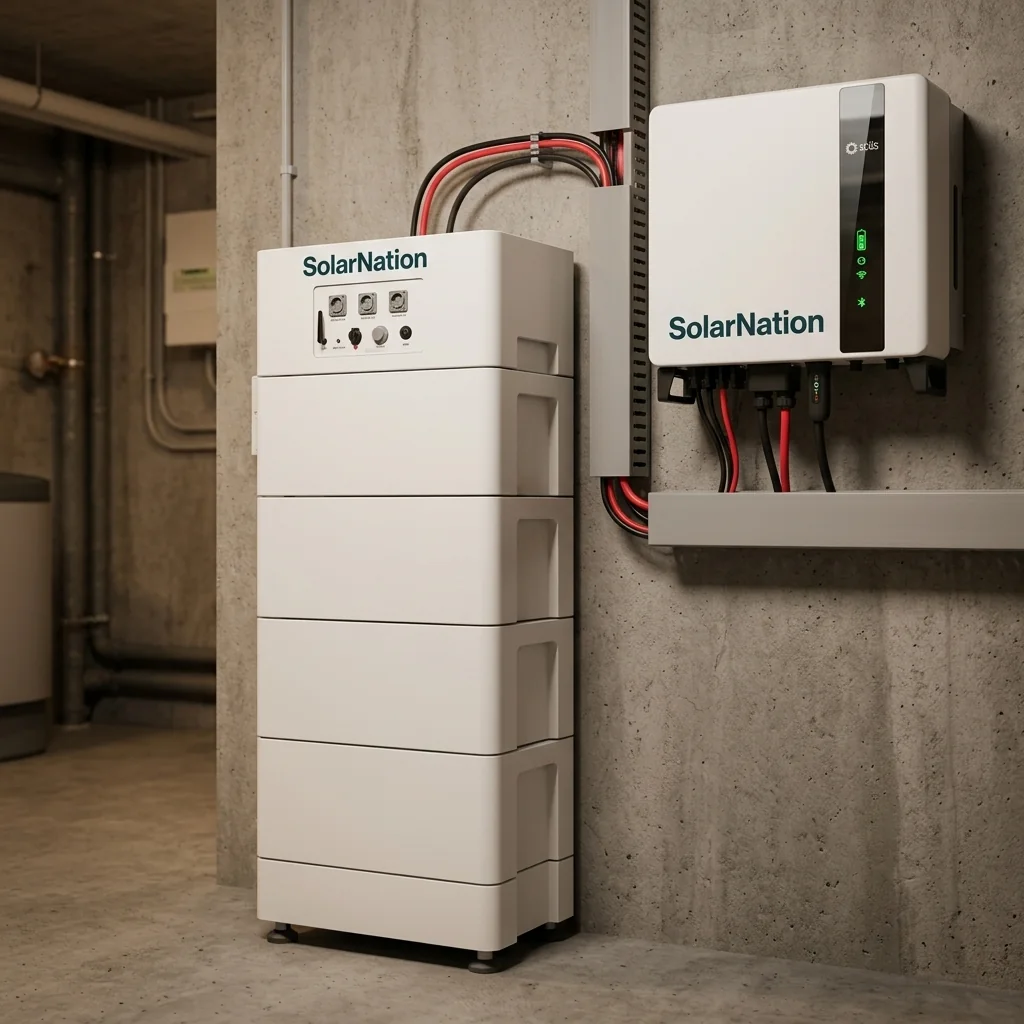 SolarNation 14.21 kWh thuisbatterij met driefasig hybride omvormer professioneel geïnstalleerd in Belgische technische ruimte