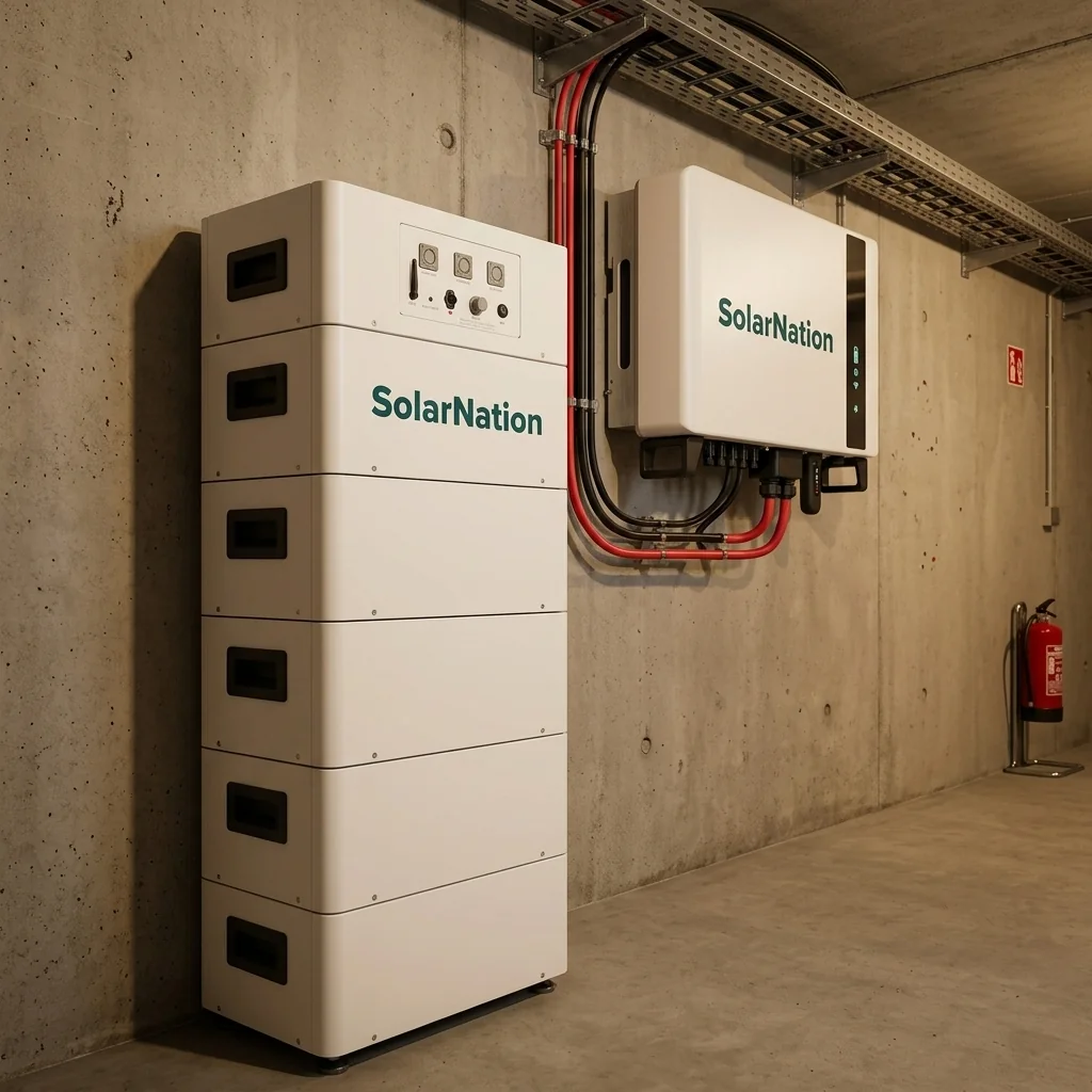 SolarNation 17.76 kWh thuisbatterij met driefasig hybride omvormer professioneel geïnstalleerd in Belgische technische ruimte
