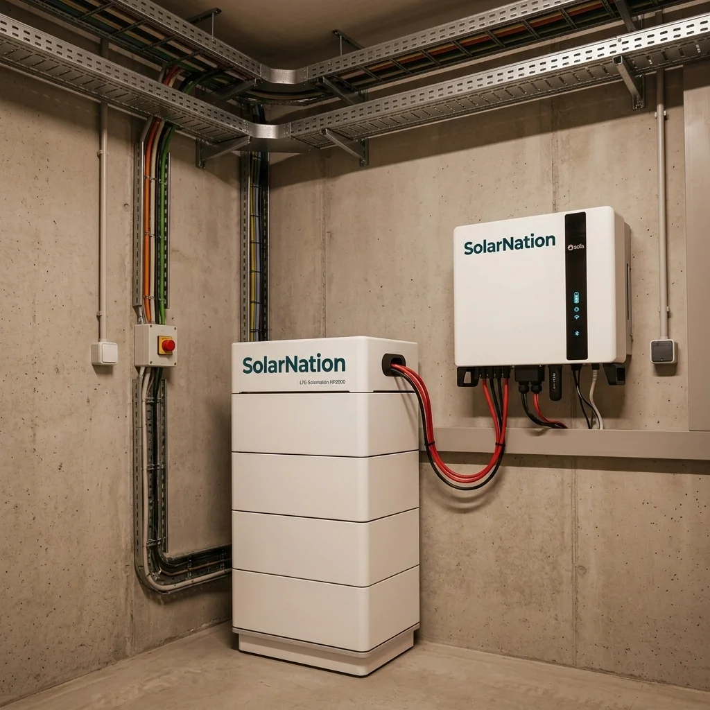 SolarNation 20.48 kWh thuisbatterij met driefasig hybride omvormer professioneel geïnstalleerd in Belgische technische ruimte