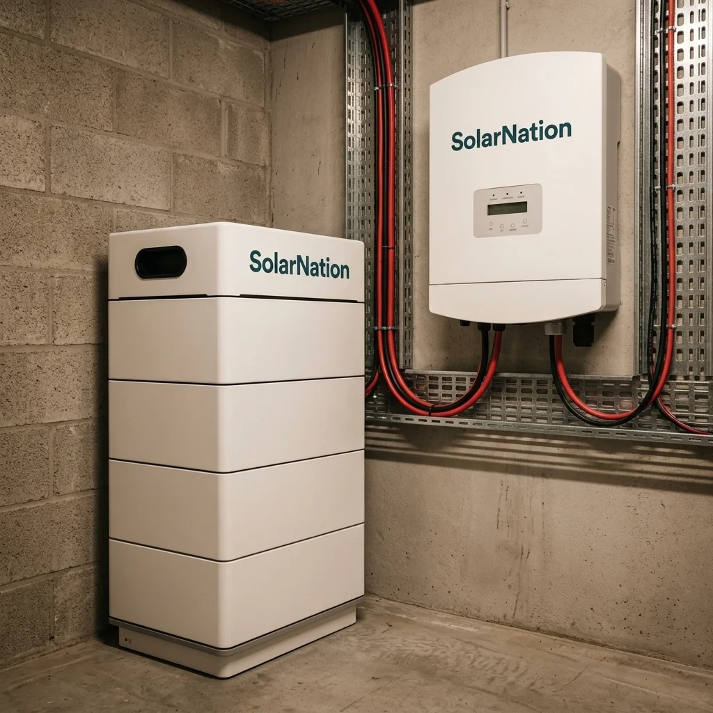 SolarNation 20.48 kWh thuisbatterij met driefasig retrofit omvormer professioneel geïnstalleerd in Belgische technische ruimte