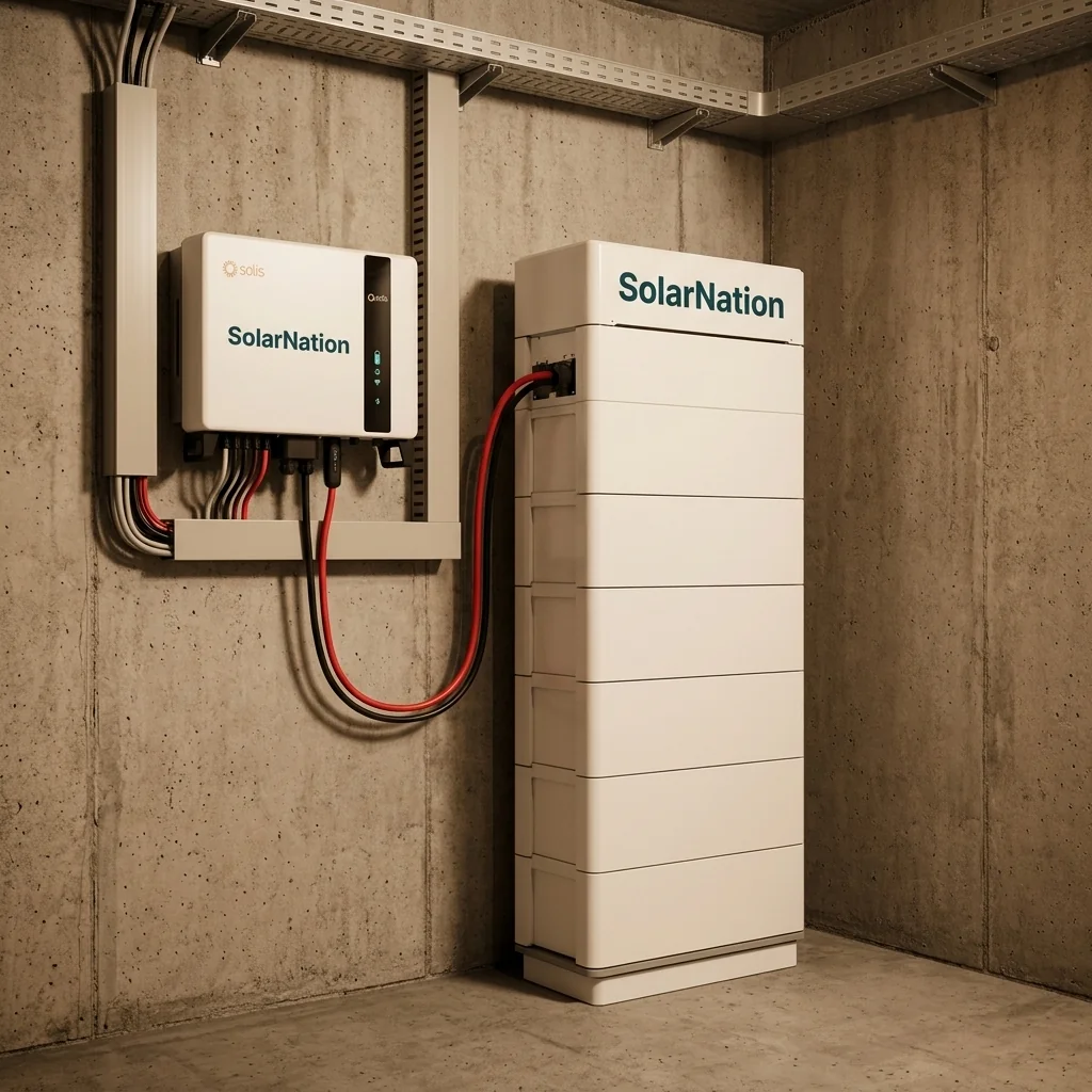SolarNation 25.60 kWh thuisbatterij met driefasig hybride omvormer professioneel geïnstalleerd in Belgische technische ruimte