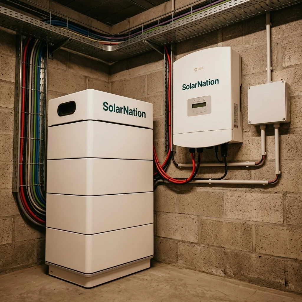 SolarNation 25.60 kWh thuisbatterij met driefasig retrofit omvormer professioneel geïnstalleerd in Belgische technische ruimte