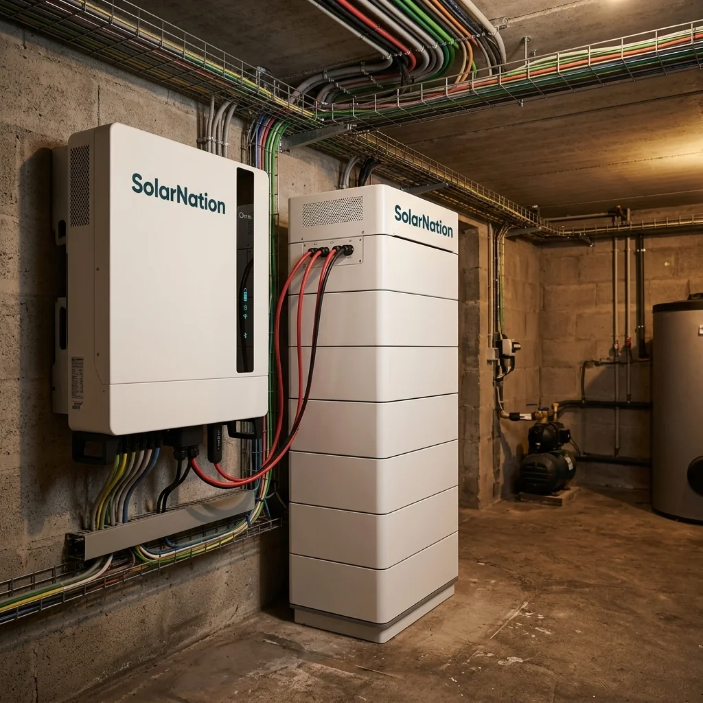 SolarNation 30.72 kWh thuisbatterij met driefasig hybride omvormer professioneel geïnstalleerd in Belgische technische ruimte