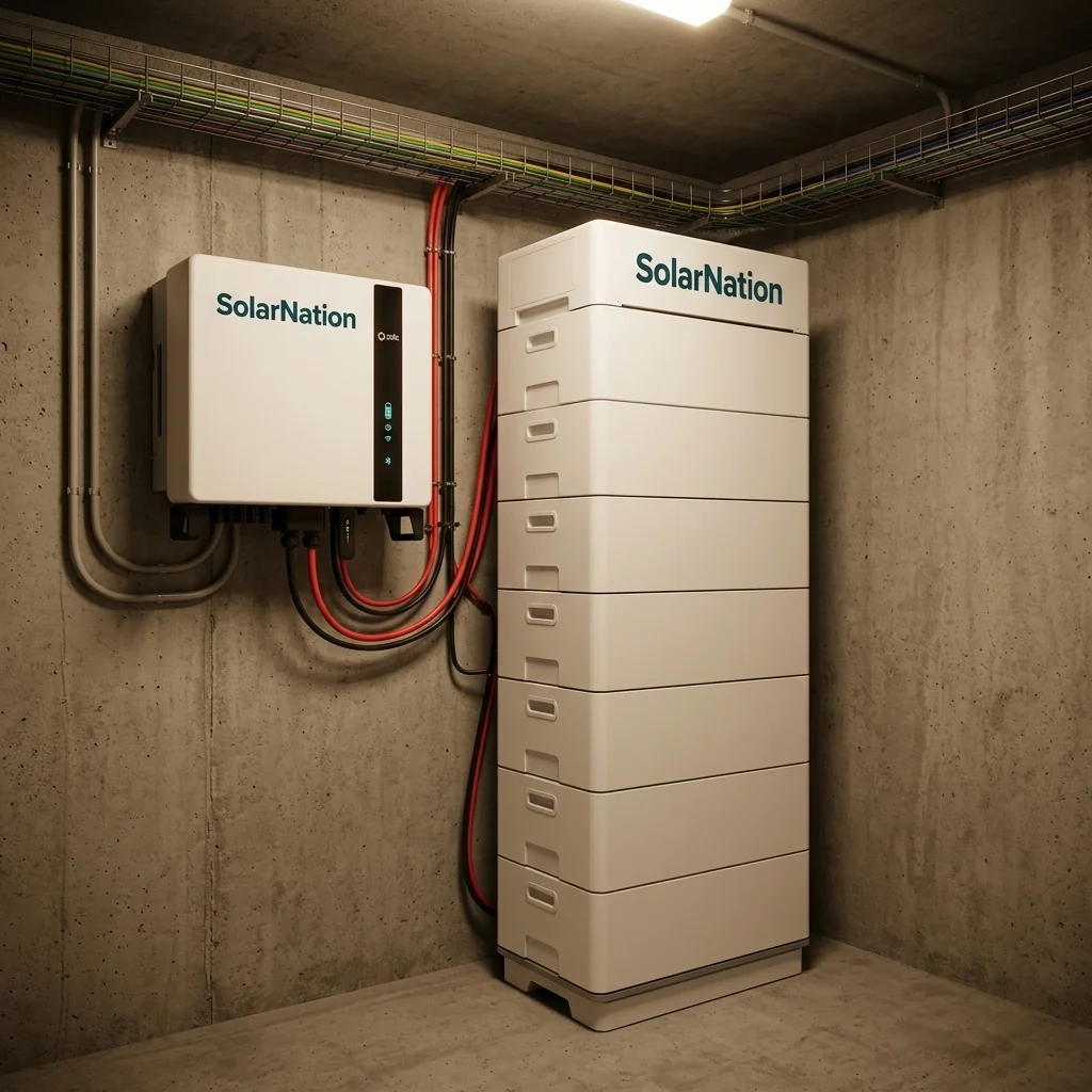 SolarNation 35.84 kWh thuisbatterij met driefasig hybride omvormer professioneel geïnstalleerd in Belgische technische ruimte