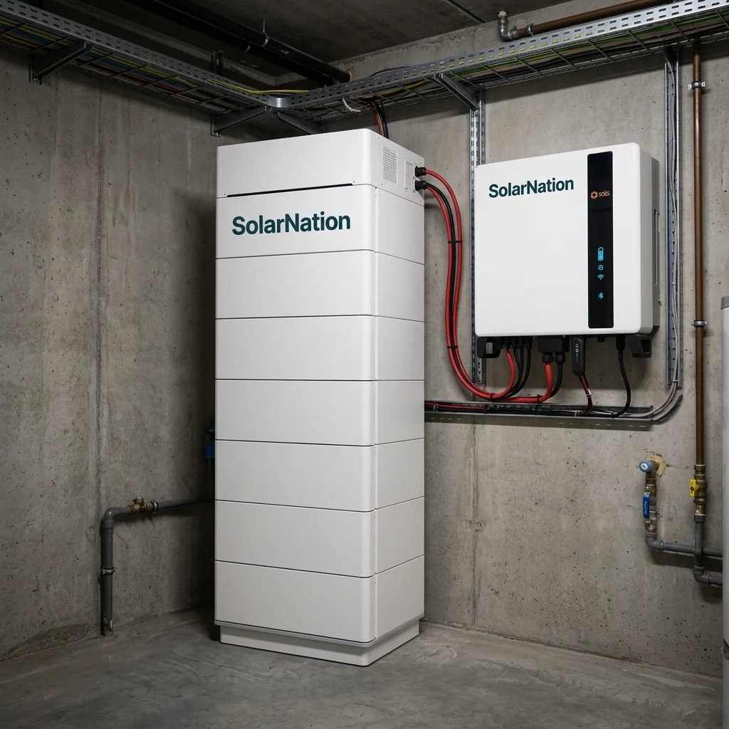 SolarNation 40.96 kWh thuisbatterij met driefasig hybride omvormer professioneel geïnstalleerd in Belgische technische ruimte