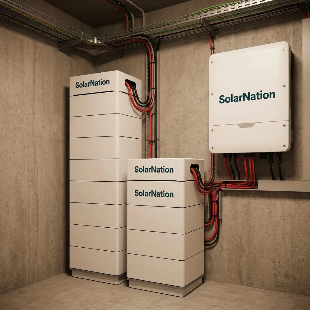 SolarNation 61.44 kWh thuisbatterij met driefasig hybride omvormer professioneel geïnstalleerd in Belgische technische ruimte