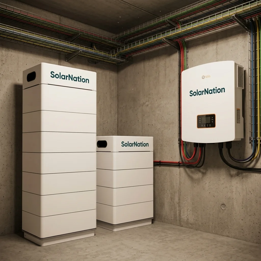 SolarNation 66.56 kWh thuisbatterij met driefasig hybride omvormer professioneel geïnstalleerd in Belgische technische ruimte
