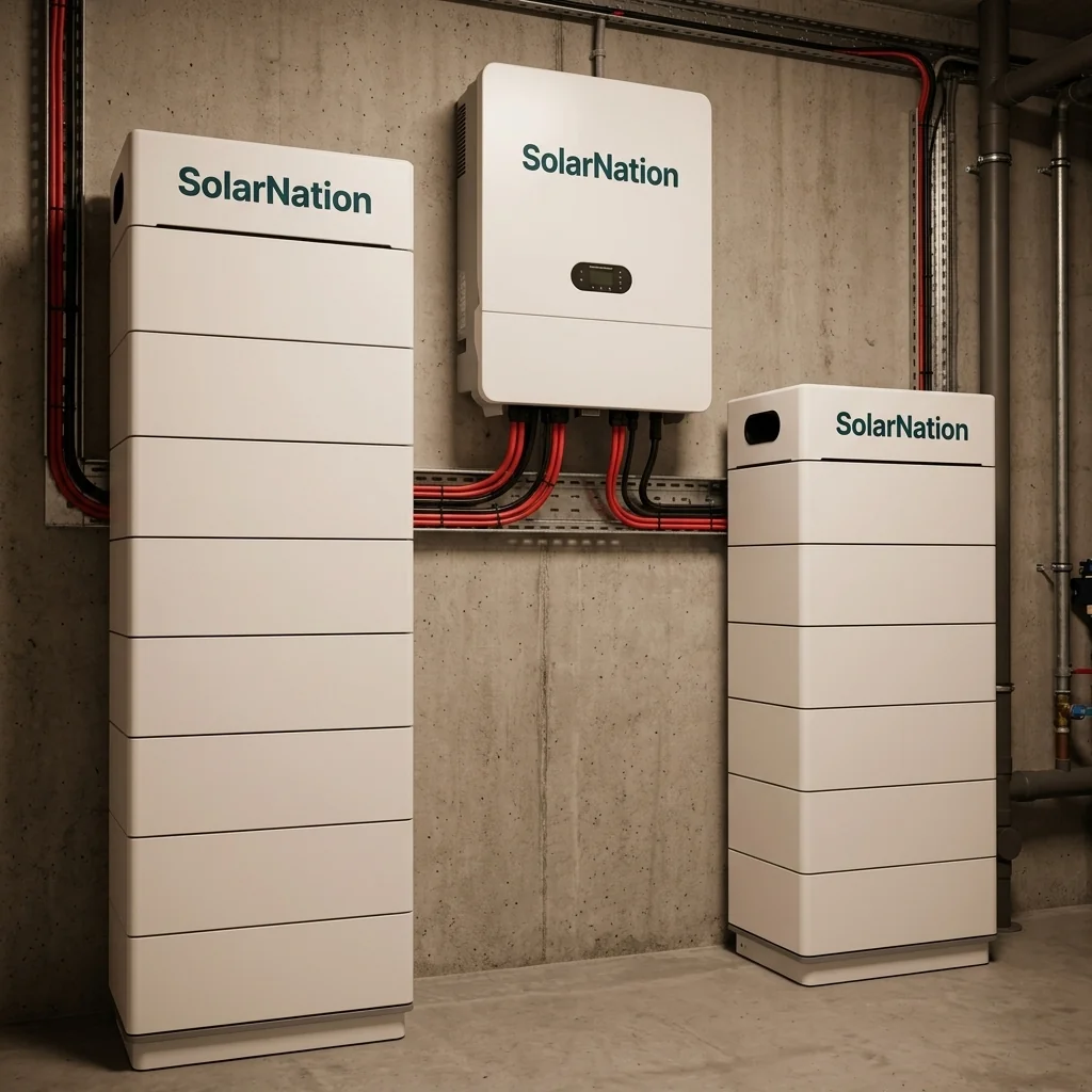SolarNation 71.68 kWh thuisbatterij met driefasig hybride omvormer professioneel geïnstalleerd in Belgische technische ruimte