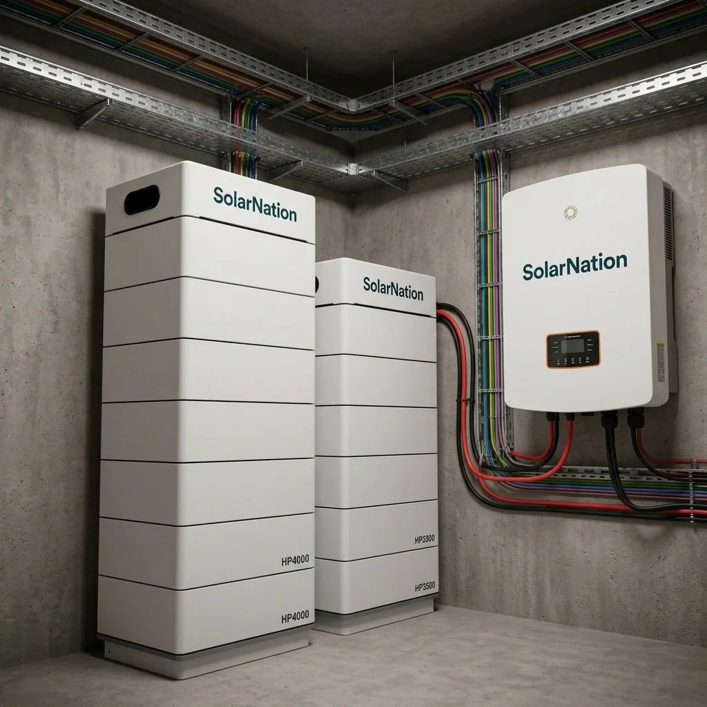 SolarNation 76.80 kWh thuisbatterij met driefasig hybride omvormer professioneel geïnstalleerd in Belgische technische ruimte