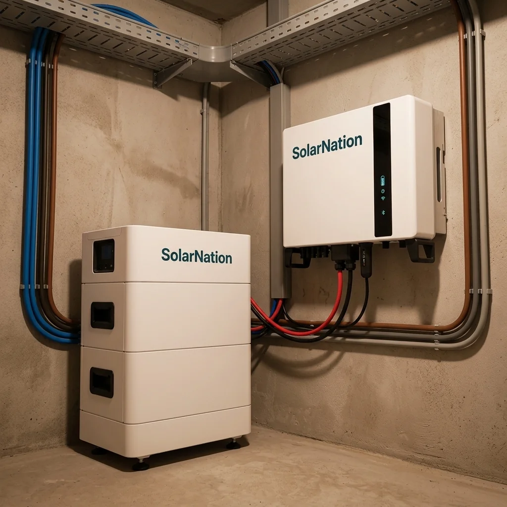 SolarNation 7.10 kWh thuisbatterij met driefasig hybride omvormer professioneel geïnstalleerd in Belgische technische ruimte