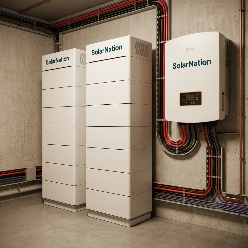 SolarNation 81.92 kWh thuisbatterij met driefasig hybride omvormer professioneel geïnstalleerd in Belgische technische ruimte