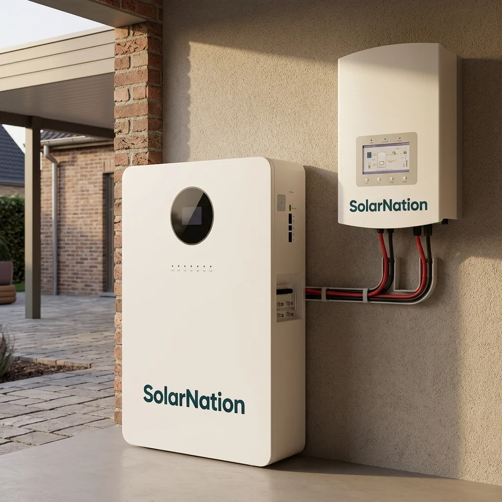 SolarNation 10.24 kWh thuisbatterij met enkelfasig hybride omvormer professioneel geïnstalleerd in Belgische technische ruimte