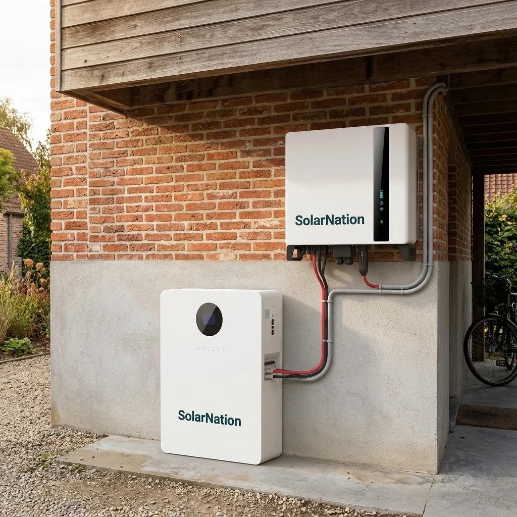 SolarNation 10.24 kWh thuisbatterij met driefasig hybride omvormer professioneel geïnstalleerd in Belgische technische ruimte