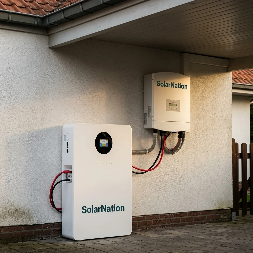 SolarNation 10.24 kWh thuisbatterij met enkelfasig retrofit omvormer professioneel geïnstalleerd in Belgische technische ruimte