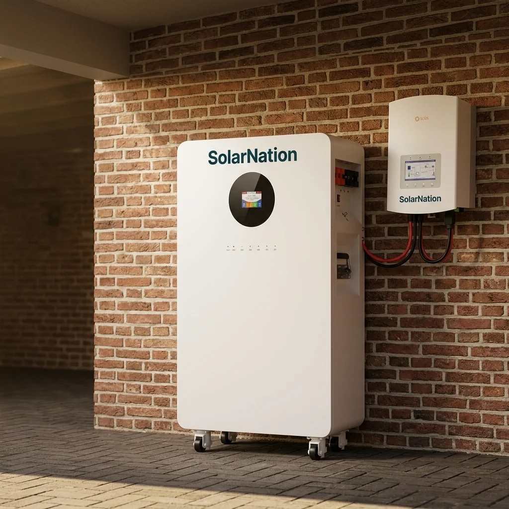 SolarNation 16.08 kWh thuisbatterij met enkelfasig hybride omvormer professioneel geïnstalleerd in Belgische technische ruimte