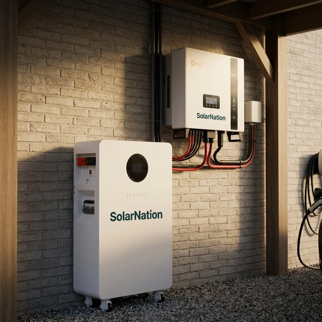 SolarNation 16.08 kWh thuisbatterij met driefasig hybride omvormer professioneel geïnstalleerd in Belgische technische ruimte