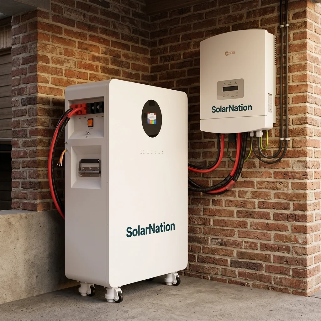 SolarNation 16.08 kWh thuisbatterij met enkelfasig retrofit omvormer professioneel geïnstalleerd in Belgische technische ruimte