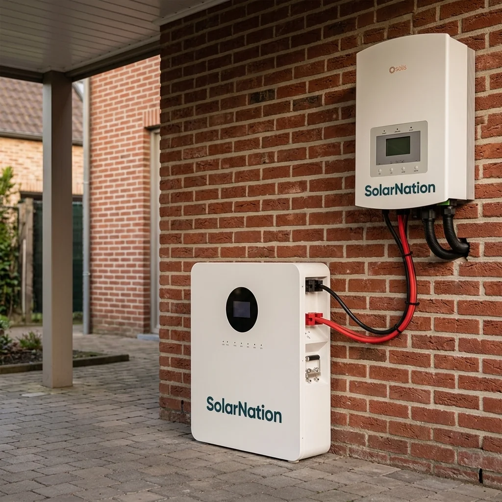 SolarNation 5.12 kWh thuisbatterij met enkelfasig hybride omvormer professioneel geïnstalleerd in Belgische technische ruimte