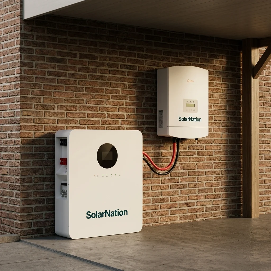 SolarNation 5.12 kWh thuisbatterij met enkelfasig retrofit omvormer professioneel geïnstalleerd in Belgische technische ruimte