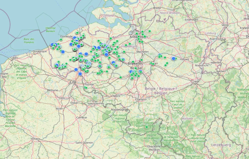 Kaart van Vlaanderen met de zonnepanelen-, batterij- en laadpaalrealisaties van Solarnation